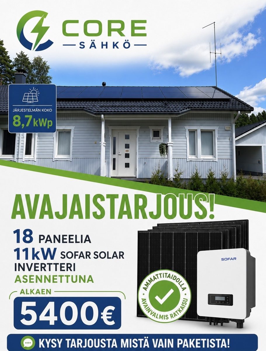 Core Sähkön kampanjatarjous: 18 paneelia ja 11&nbsp;kW Sofar Solar -invertteri asennettuna alkaen 5&nbsp;400 euroa